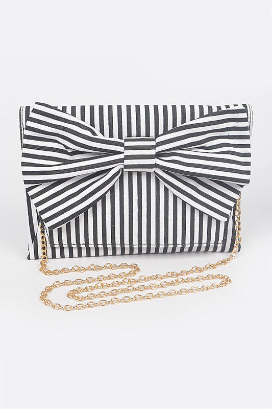 BLACK AND WHITE PINSTRIPE CLUTCH PURSE WITH GOLD CHAIN