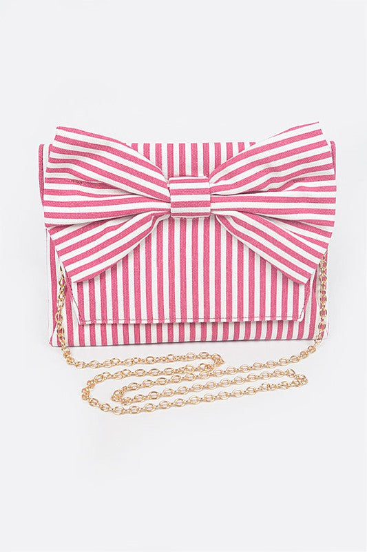 PINK PINSTRIPE CLUTCH PURSE WITH BOW TIE AND GOLD CHAIN