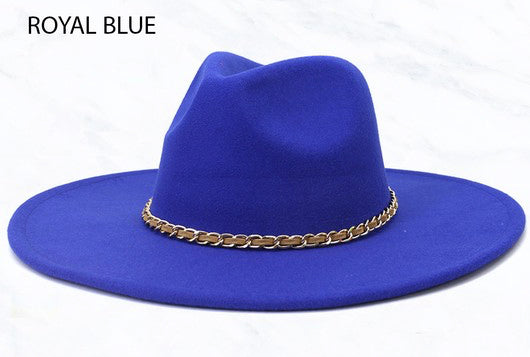Royal blue fedora hat with gold chain