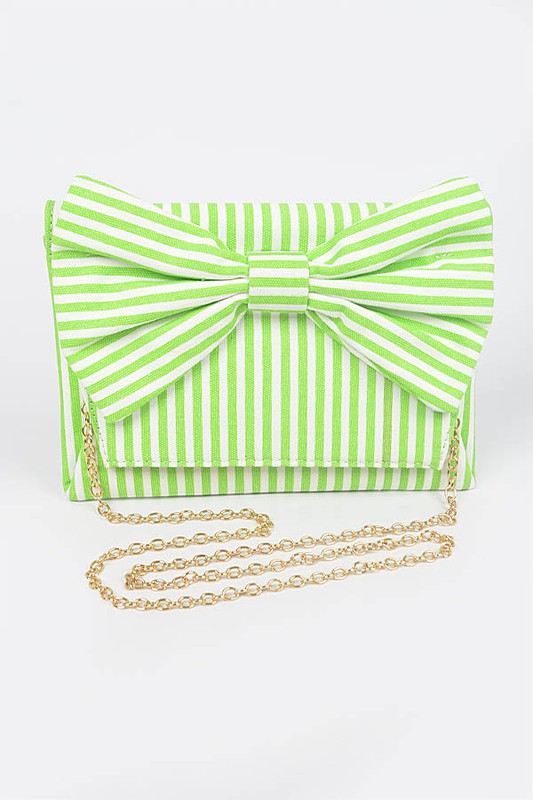 Lime green clutch purse with pinstripes and gold chain