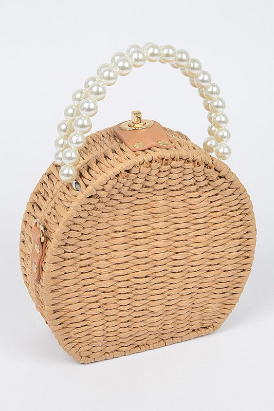 back view of straw handbag with pearls
