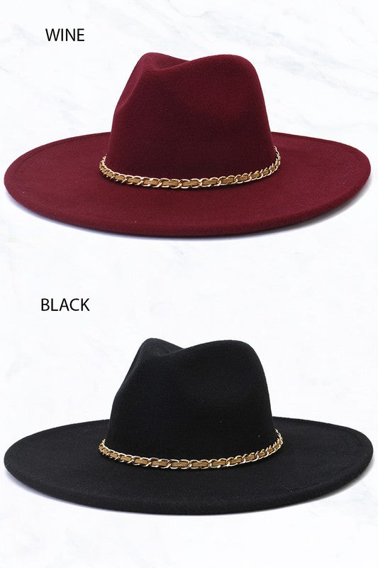 Wine fedora hat, black fedora hat with gold chain